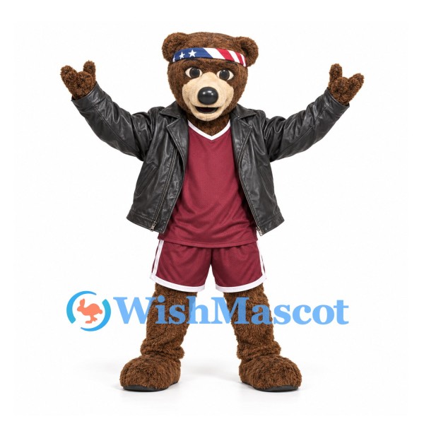 Bear Mascot Costume in Brown with Black Jacket Burgundy Sports Shorts and Headband