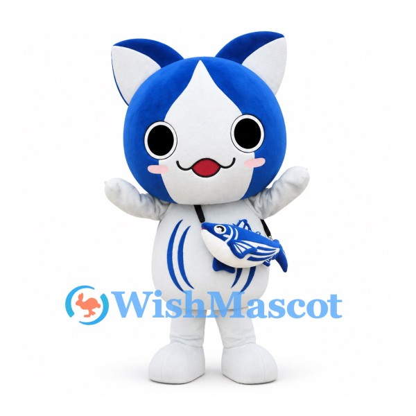 Cat Mascot Costume in Blue and White with Crossbody Fish Bag
