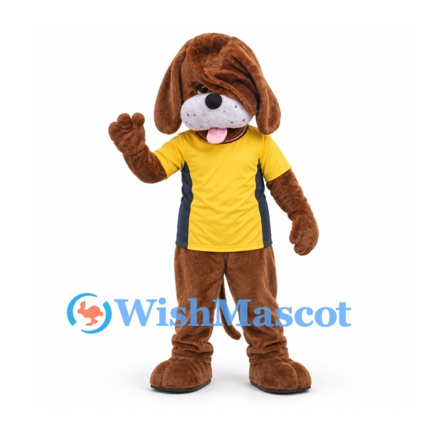 Dog Mascot Costume in Brown with Yellow Shirt and Long Floppy Ears