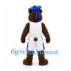 Bear Mascot Costume in Brown with White Sports Uniform and Blue Graduation Cap