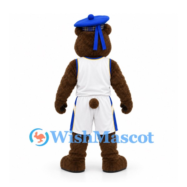 Bear Mascot Costume in Brown with White Sports Uniform and Blue Graduation Cap