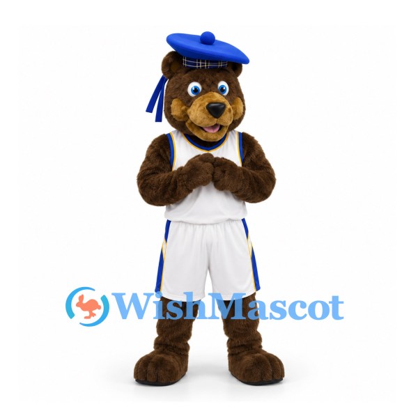 Bear Mascot Costume in Brown with White Sports Uniform and Blue Graduation Cap