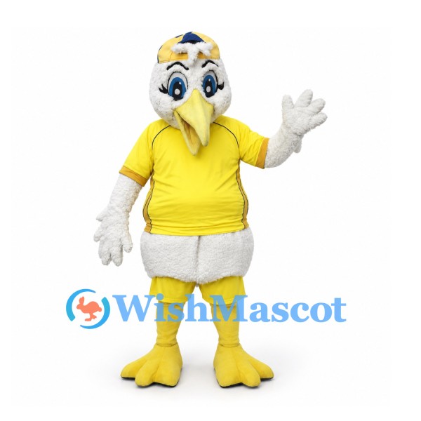 Eagle Mascot Costume in White with Yellow Polo Shirt Shorts and Cap