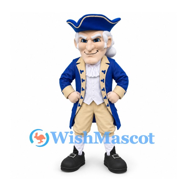 Patriot Mascot Costume in Blue and Cream with Gray Wig and Tricorn Hat
