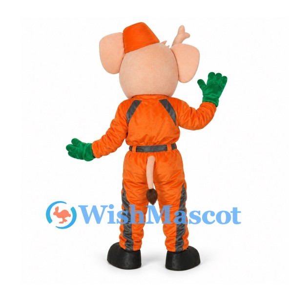 Mouse Mascot Costume in Pink with Orange Flight Suit and Green Gloves