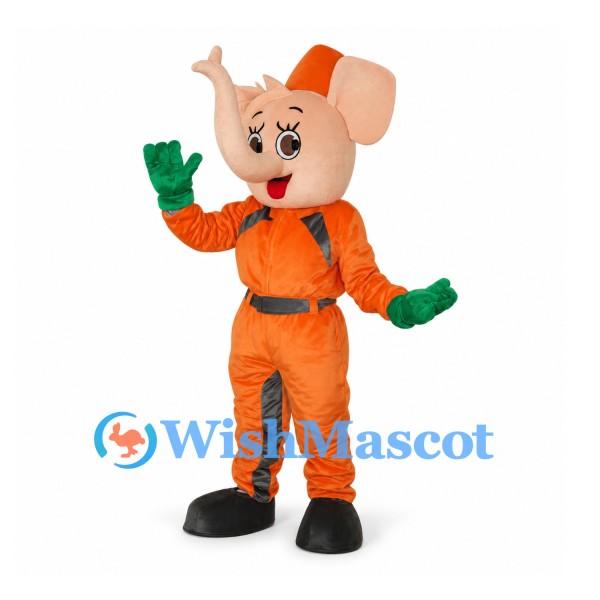 Mouse Mascot Costume in Pink with Orange Flight Suit and Green Gloves