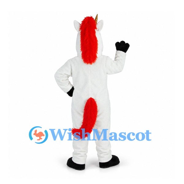 Unicorn Mascot Costume in White with Red Mane and Gold Horn