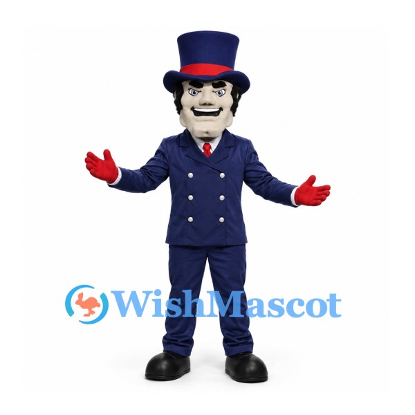 Gentleman Mascot Costume with Navy Suit and Tall Top Hat