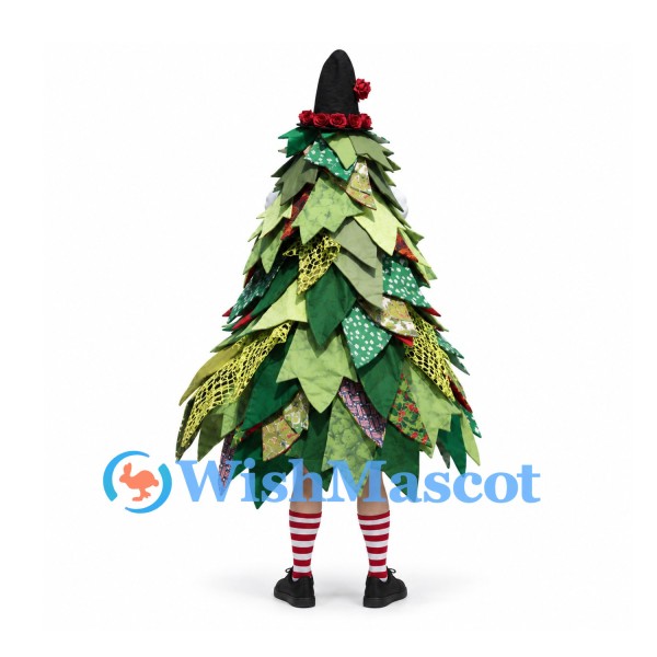 Christmas Tree Mascot Costume with Layered Green Leaves and Striped Legs