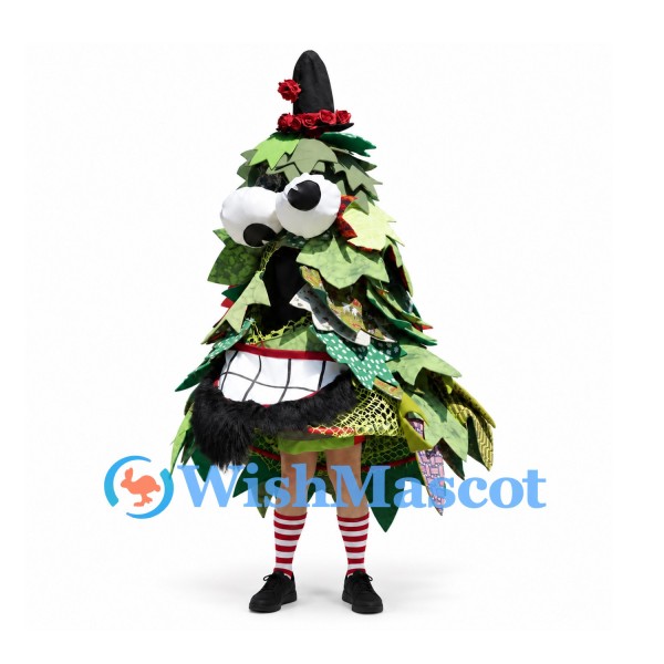 Christmas Tree Mascot Costume with Layered Green Leaves and Striped Legs