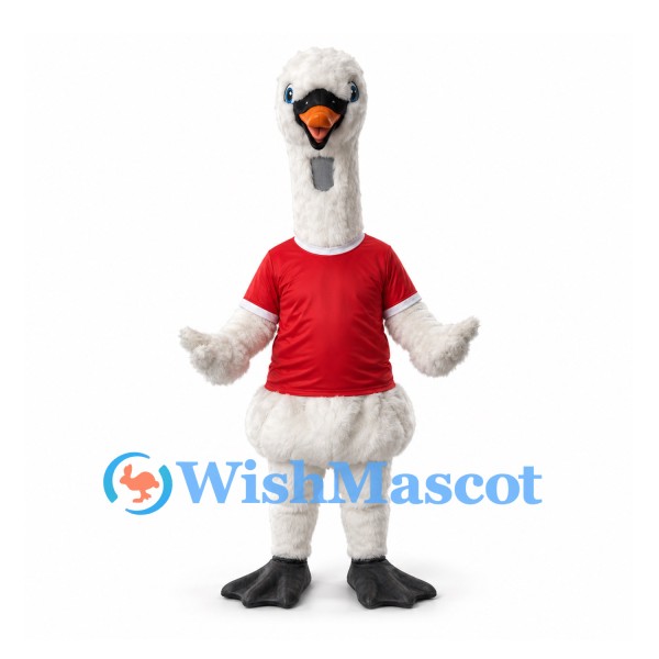 Goose Mascot Costume in White with Red Shirt