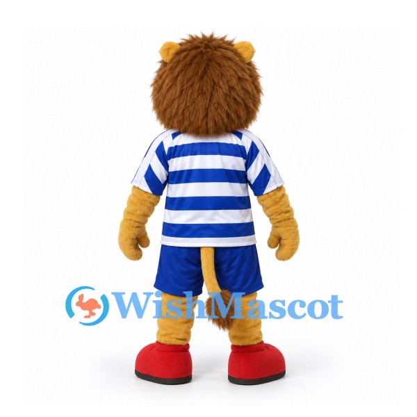 Lion Mascot Costume with Blue Striped Shirt and Red Shoes