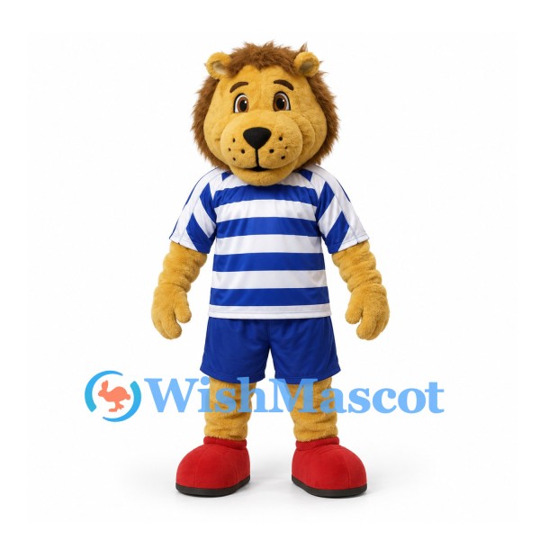 Lion Mascot Costume with Blue Striped Shirt and Red Shoes