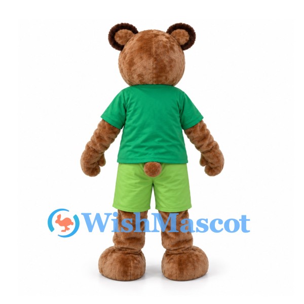 Bear Mascot Costume in Brown with Green Shirt and Lime Shorts
