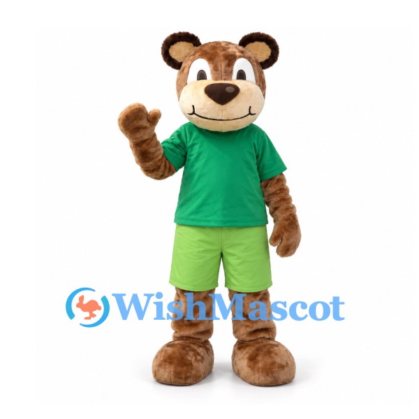 Bear Mascot Costume in Brown with Green Shirt and Lime Shorts