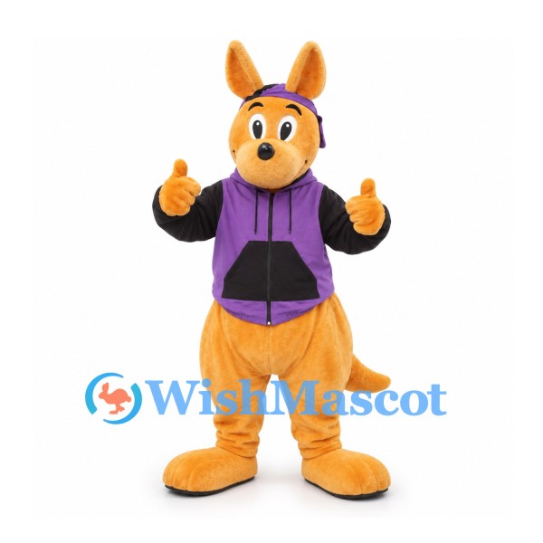 Kangaroo Mascot Costume with Purple Cap and Hooded Vest