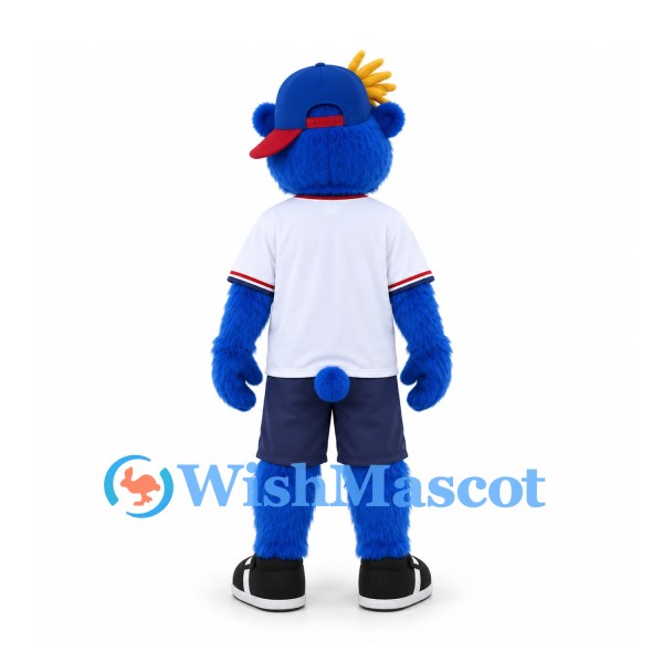Bear Mascot Costume in Blue with Baseball Cap and White Shirt