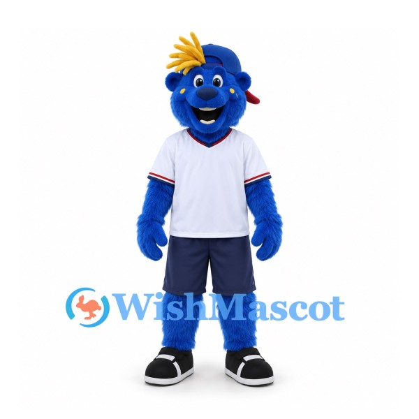 Bear Mascot Costume in Blue with Baseball Cap and White Shirt