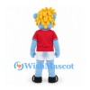 Lion Mascot Costume in Light Blue with Yellow Mane and Red Shirt