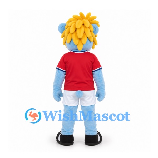 Lion Mascot Costume in Light Blue with Yellow Mane and Red Shirt