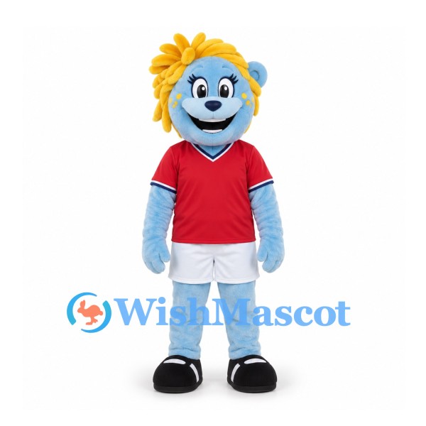 Lion Mascot Costume in Light Blue with Yellow Mane and Red Shirt