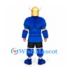 Viking Mascot Costume with Horned Gold Helmet and Blue Fur Trim
