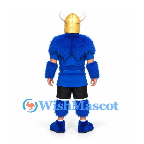 Viking Mascot Costume with Horned Gold Helmet and Blue Fur Trim