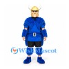 Viking Mascot Costume with Horned Gold Helmet and Blue Fur Trim