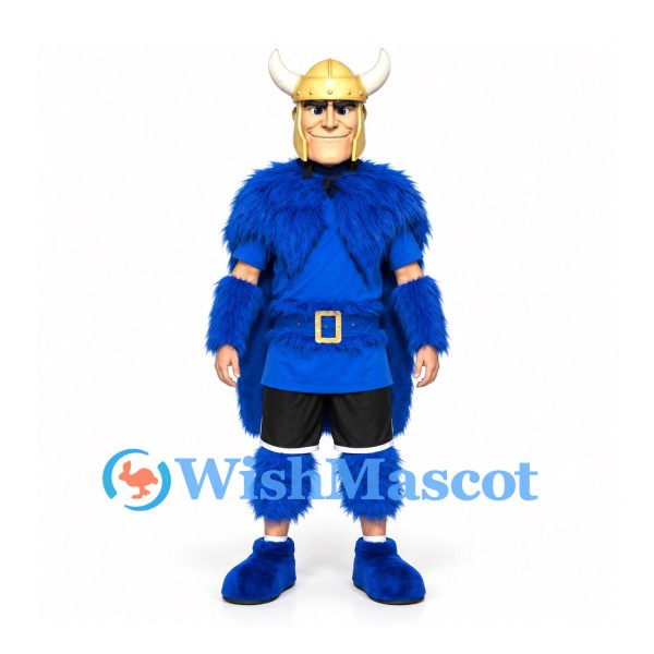 Viking Mascot Costume with Horned Gold Helmet and Blue Fur Trim