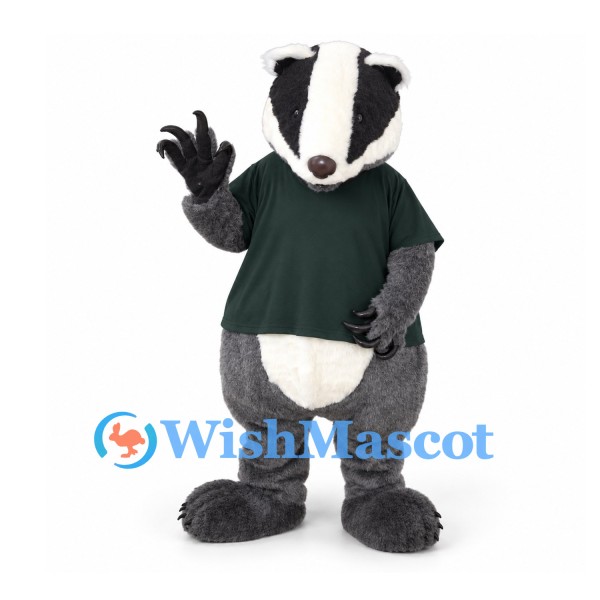 Badger Mascot Costume in Gray with Dark Green Shirt