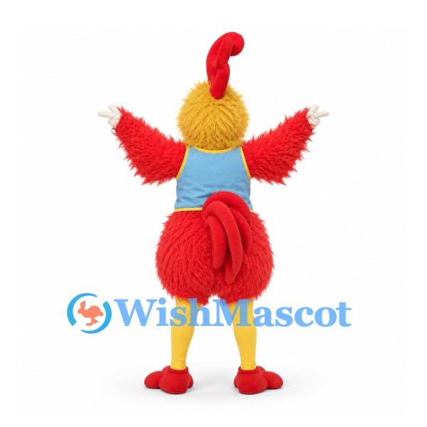 Rooster Mascot Costume in Red and Yellow with Blue Vest