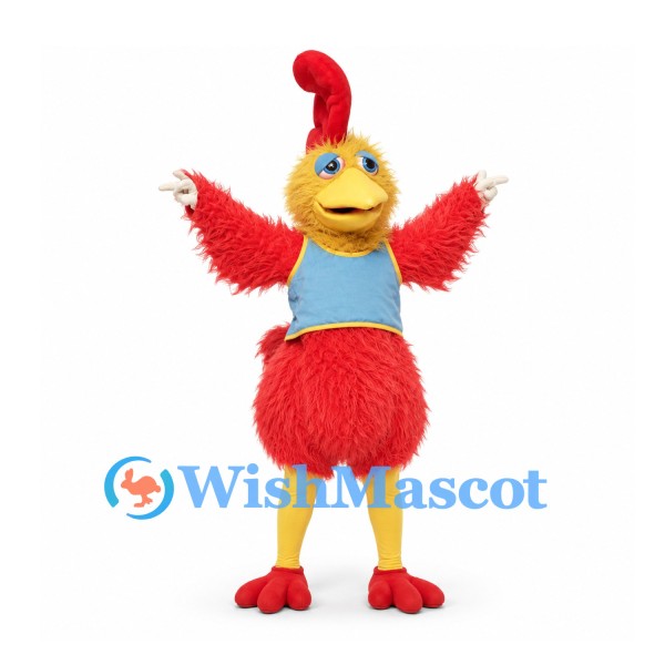 Rooster Mascot Costume in Red and Yellow with Blue Vest