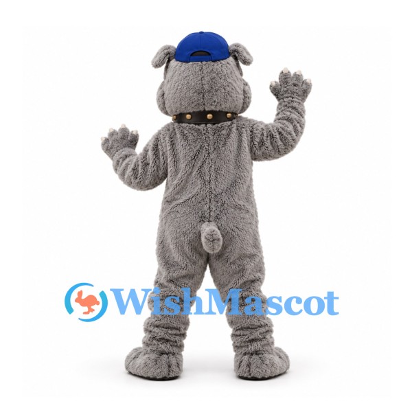 Bulldog Mascot Costume in Gray with Blue Cap and Studded Collar