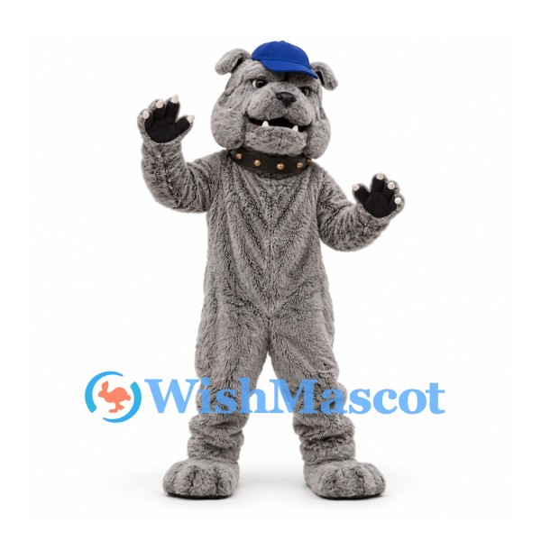 Bulldog Mascot Costume in Gray with Blue Cap and Studded Collar