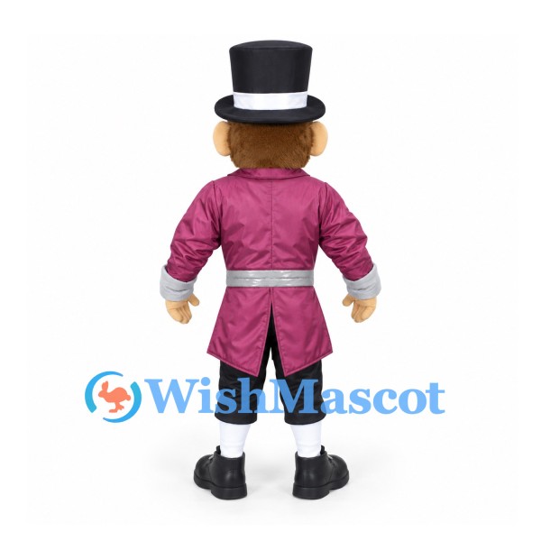 Gentleman Mascot Costume with Black Top Hat and Burgundy Tailcoat