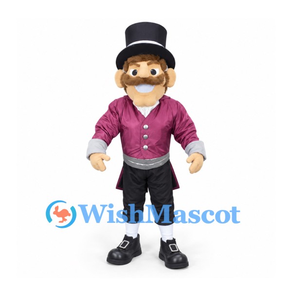 Gentleman Mascot Costume with Black Top Hat and Burgundy Tailcoat