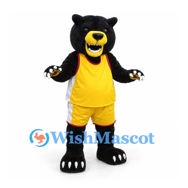 Black Bear Mascot Costume with Yellow Muzzle and Basketball Uniform