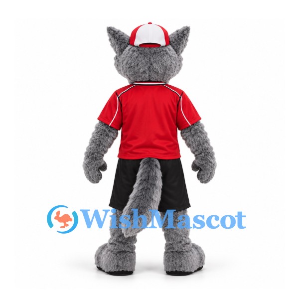 Wolf Mascot Costume in Gray with Red Shirt and Baseball Cap