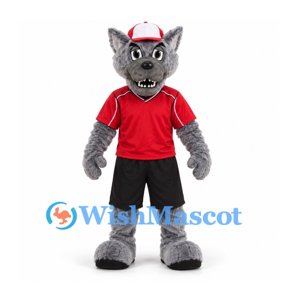 Wolf Mascot Costume in Gray with Red Shirt and Baseball Cap