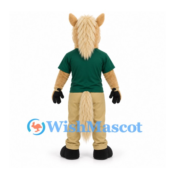 Horse Mascot Costume in Tan with Green Shirt and Beige Pants