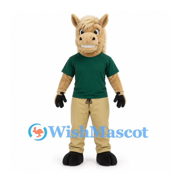 Horse Mascot Costume in Tan with Green Shirt and Beige Pants