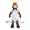 Horse Mascot Costume in Brown with White and Blue Sports Uniform