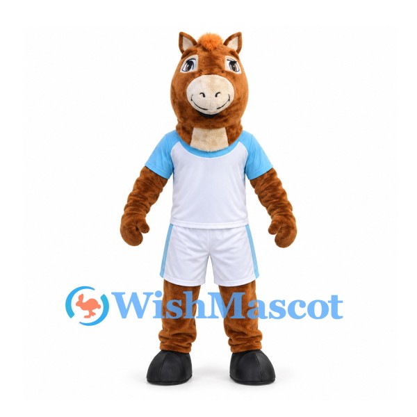 Horse Mascot Costume in Brown with White and Blue Sports Uniform