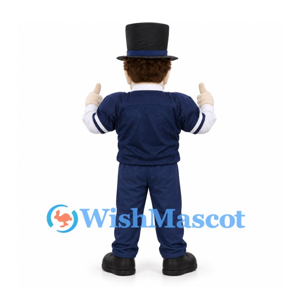 Gentleman Mascot Costume with Black Top Hat and Navy Sports Outfit