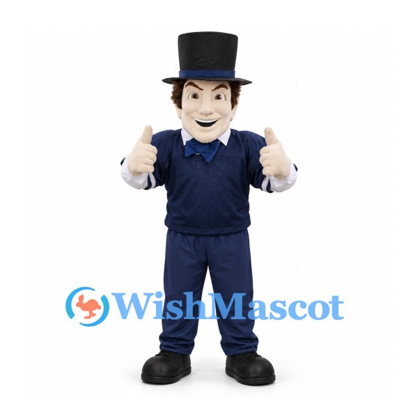 Gentleman Mascot Costume with Black Top Hat and Navy Sports Outfit