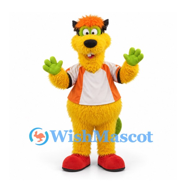 Beaver Mascot Costume in Yellow with Orange Shirt and Green Tail