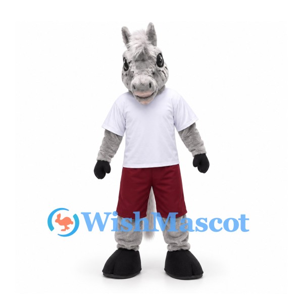 Donkey Mascot Costume in Gray with White Shirt and Burgundy Shorts