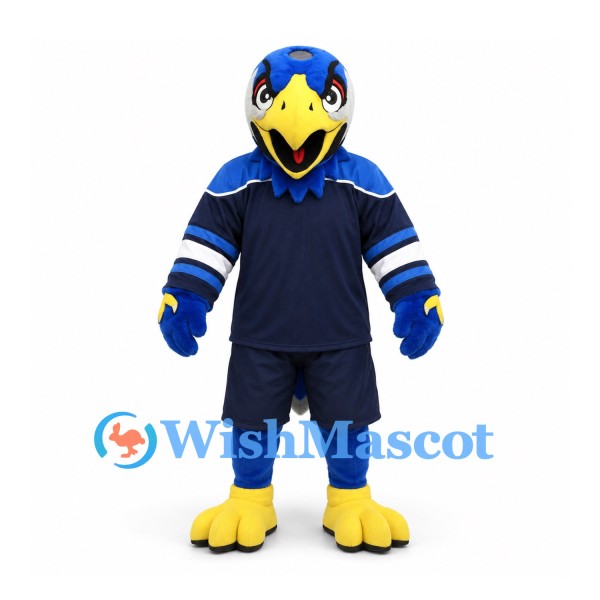 Blue Jay Mascot Costume with Navy Sports Uniform and Yellow Feet