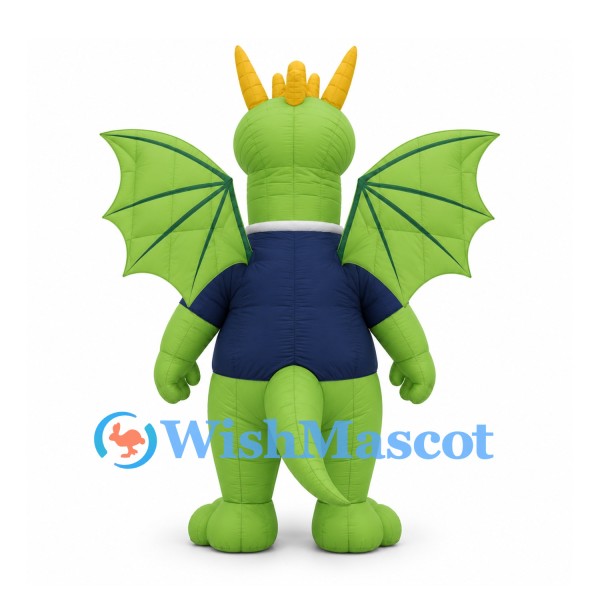 Dragon Mascot Costume in Green with Large Wings and Navy Shirt