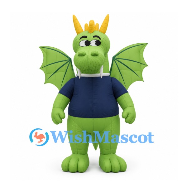 Dragon Mascot Costume in Green with Large Wings and Navy Shirt
